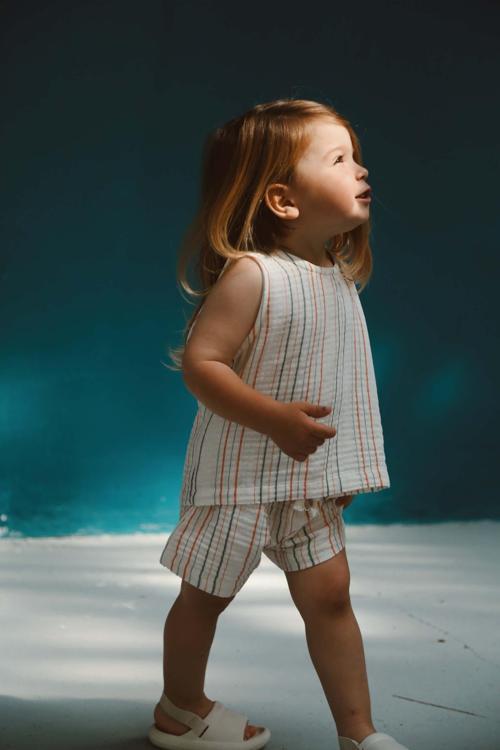 Turuncu-Yeşil Çizgili Atlet ve Şort Takım