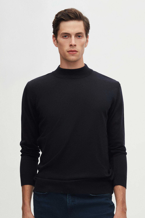 Regular Fit Lacivert Pamuk Karışımlı Yarım Balıkçı Triko Kazak