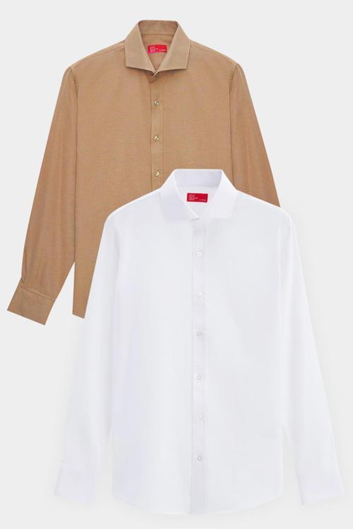 Slim Fit Kahverengi/Beyaz İtalyan Yaka Kolay Ütülenebilir 2'Li Gömlek