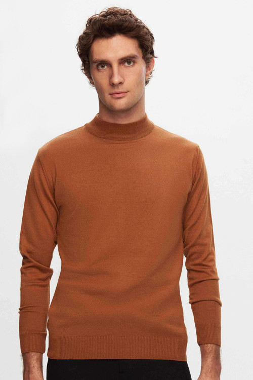 Regular Fit Camel Pamuk Karışımlı Yarım Balıkçı Triko Kazak