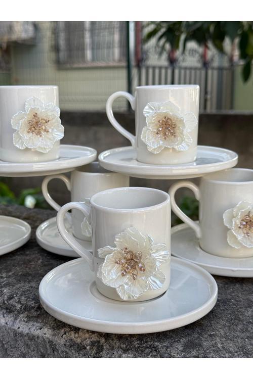 6 Kişilik 12 parça Özel Tasarım Kabartmalı Lüks Porselen Kahve Takımı