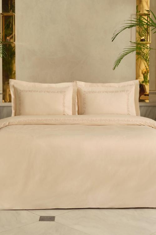 Cortez Nakışlı %100 Pamuk Çift Kişilik Nevresim Takımı Bej