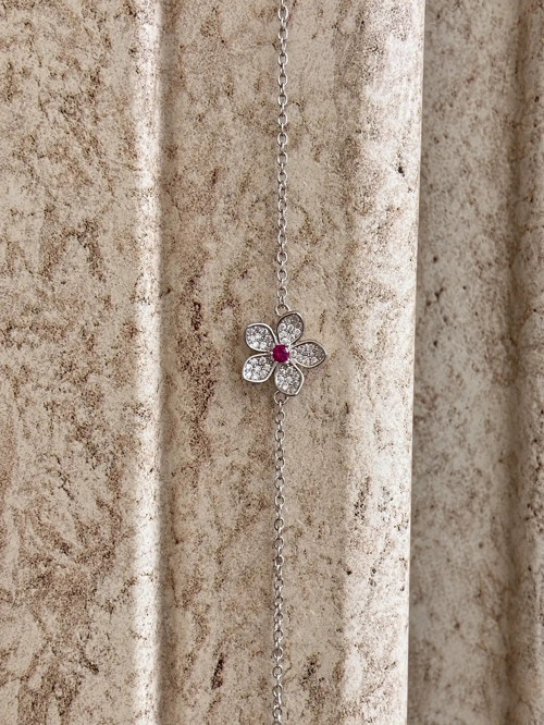 925 Ayar Gümüş Pembe ve Zirkon Taşlı Çiçek Bileklik