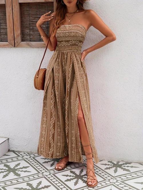 MDB Kadın Yakası Gipe Detaylı önden Yırtmaç Detaylı Desenli Süprem Pantolun Etek Tulum