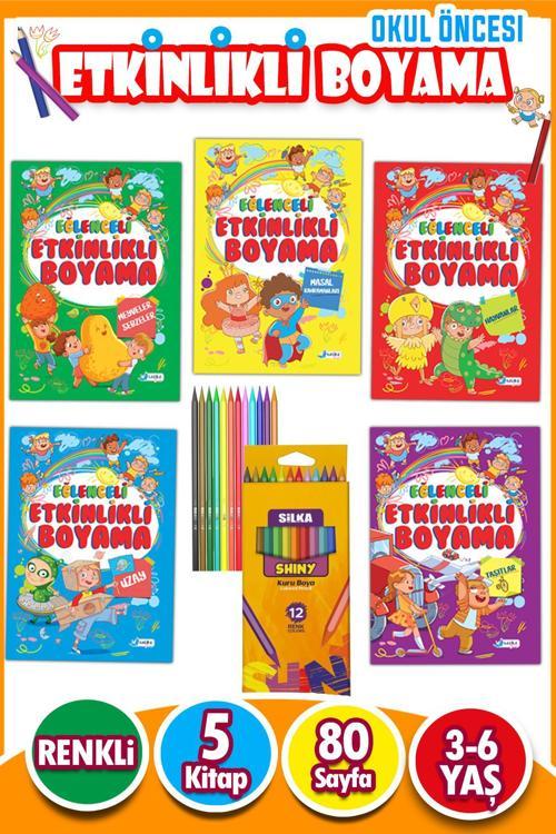 12'li Kuru Boya ve Eğlenceli Etkinlikli Boyama Seti - 80 Sayfa - 5 Kitap