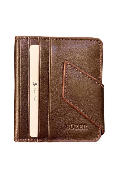 Kahverengi Hakiki Deri İkiye Katlanır Patlı ve Mıknatıslı Model Kredi Kartlık - 3041-Kahve