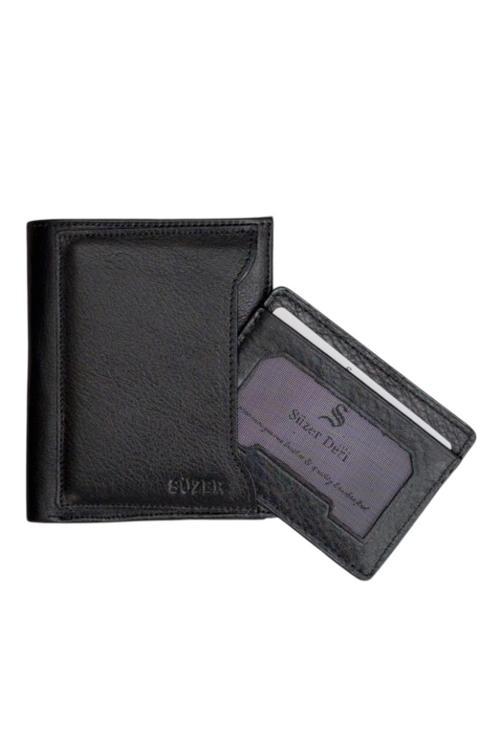 Siyah Hakiki Deri Çıkarılabilir Kartlıklı Dikey Model Spor Erkek Cüzdan - 3043-Siyah