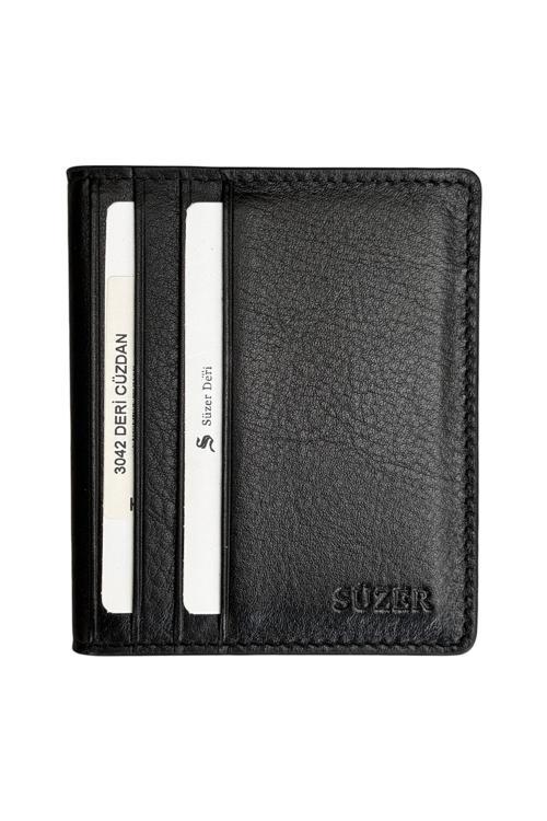 Siyah Hakiki Deri İkiye Katlanır Model Mıknatıslı İnce Kredi Kartlık - 3042-Siyah