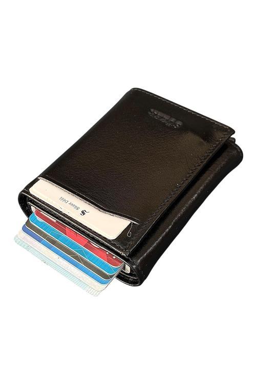 Siyah Otomatik Mekanizmalı Üçe Katlamalı Hakiki Deri Kredi Kartlık - 3007-Siyah