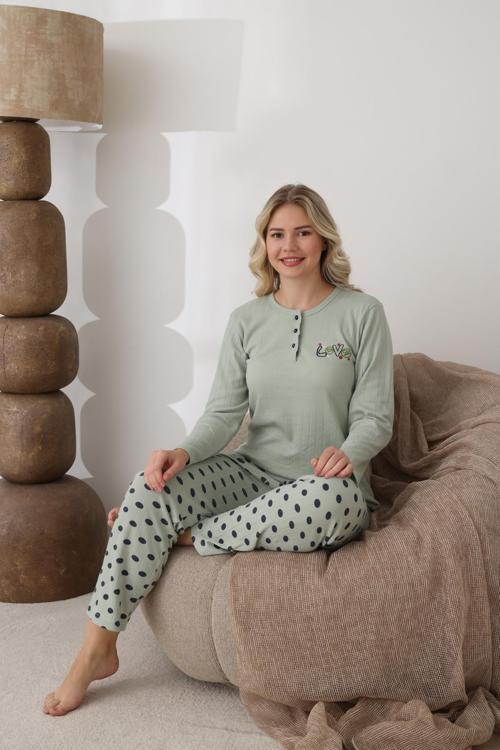 Kadın Pamuk'lu Düğme Yaka Raporlu İnterlok KIŞLIK Pijama Takımı 0111 - 1 Adet