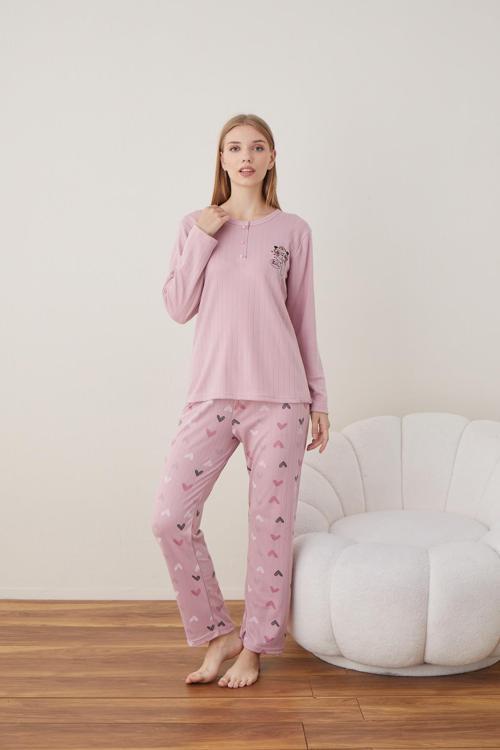 Kadın Pamuk'lu Düğme Yaka Raporlu İnterlok KIŞLIK Pijama Takımı 05011 - 1 Adet