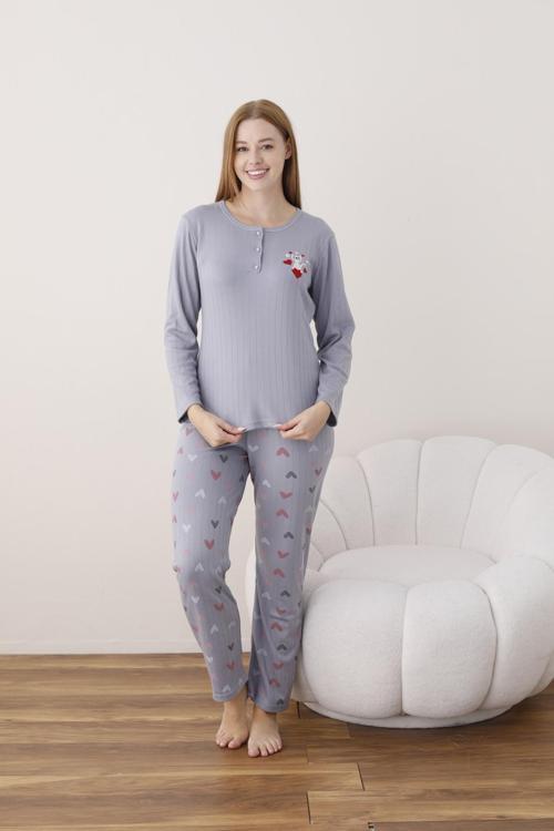 Kadın Pamuk'lu Düğme Yaka Raporlu İnterlok KIŞLIK Pijama Takımı 05020 - 1 Adet