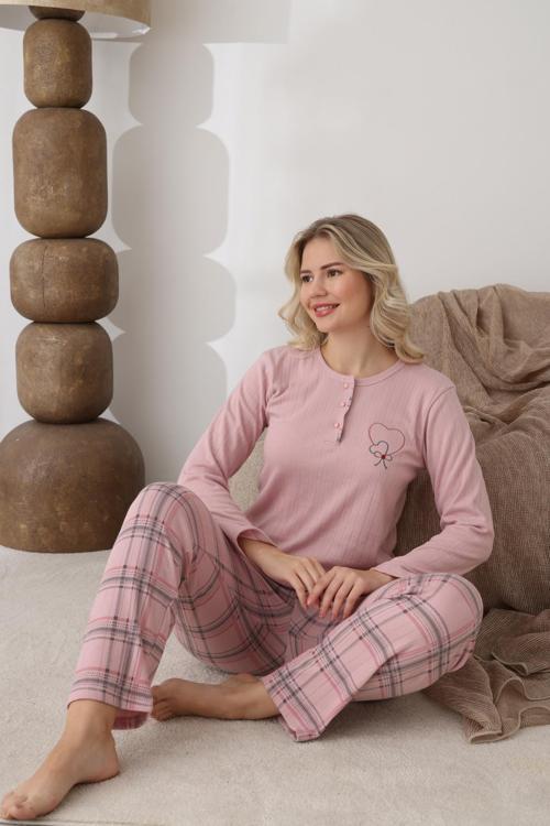 Kadın Pamuk'lu Düğme Yaka Raporlu İnterlok KIŞLIK Pijama Takımı 0108 - 1 Adet