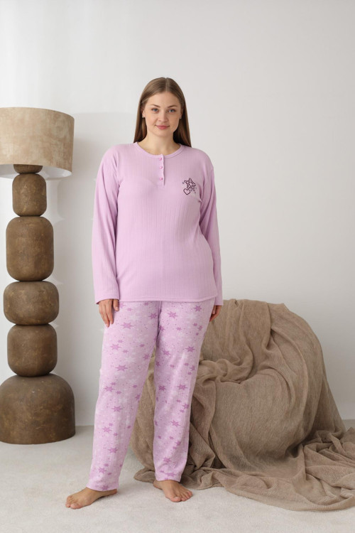 Kadın Pamuk'lu Düğme Yaka Raporlu İnterlok KIŞLIK Battal Pijama Takımı 05164 - 1 Adet
