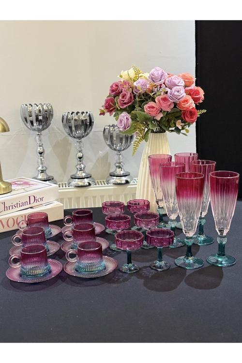 6 Kişilik 24 parça Mor Yeşil Lüks Cam Kahve Seti