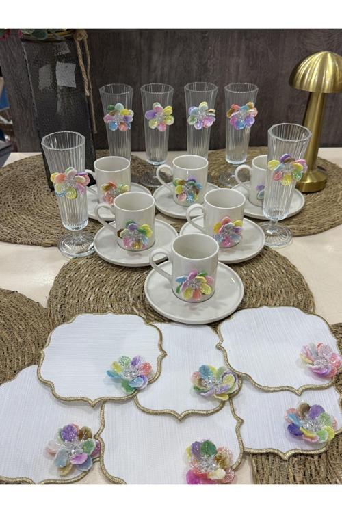 Rengarenk Çiçekli Özel Üretim Lüks Porselen Kahve Sunum Seti