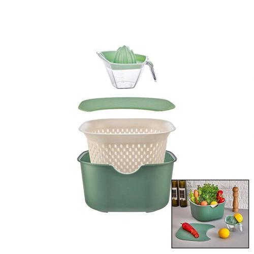 Yeşil 5pcs Mutfak Seti Pls.karıştırma Kap=4lt - Süzgeç=3.5lt - Kesim Pano - Sıkacak=0.25lt