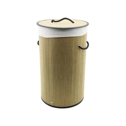 Yuvarlak Hasır - Ahşap Kirli Çamaşır Sepeti 37x60cm Seyyar Kapaklı İçi Bezli İp Kulplu