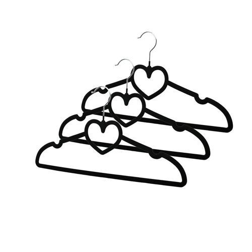 3pcs Siyah Kadife Kaplı - Kalpli Plastik Askı Metal Uçlu