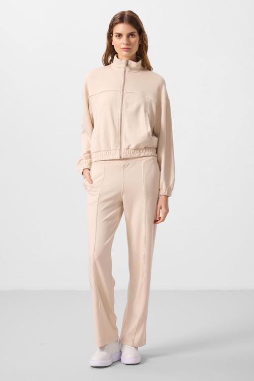 Bej Yumuşak Dokulu Dik Yaka Oversize Lastikli Kadın Eşofman Takım - 95349