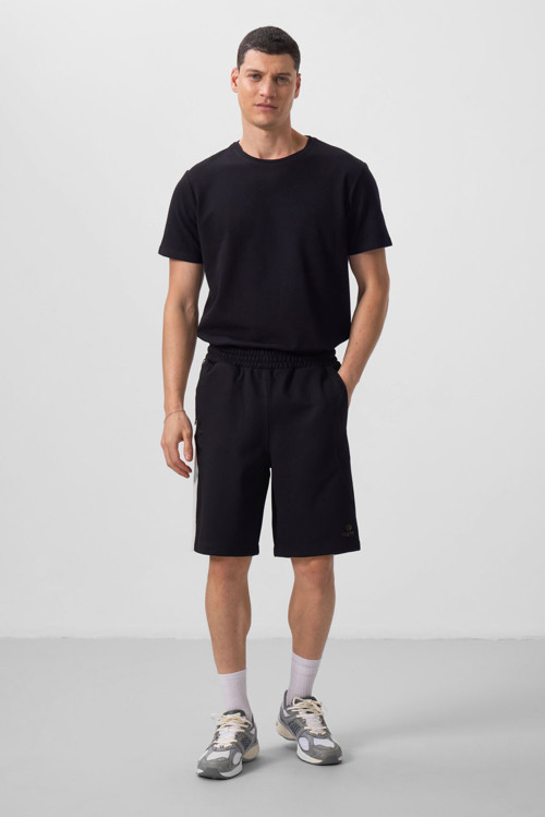 Siyah-Bej Yüzeyi Dokulu Oversize Erkek Şort - 81288