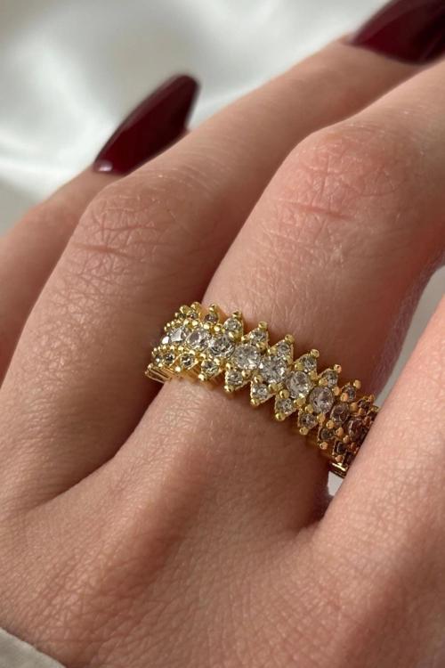 Yeni Sezon Mekik Model Sıra Zirkon Taşlı Ayarlanabilir Kadın Çelik Yüzük