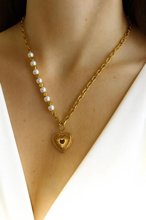 Exclusive Seri Kalp Uçlu İncili Kare Toplu Zincirli Model Kadın Çelik Kolye