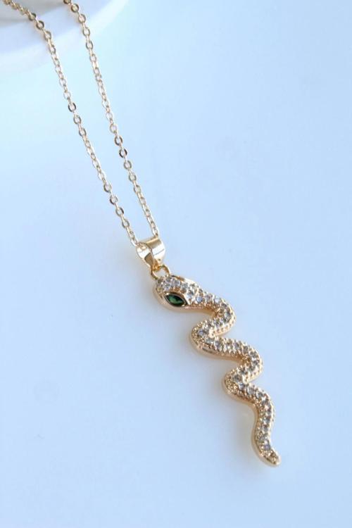 Zirkon Taşlı Zümrüt Gözlü Yılan Tasarım Renk Atmaz Kararmaz Kadın Çelik Kolye