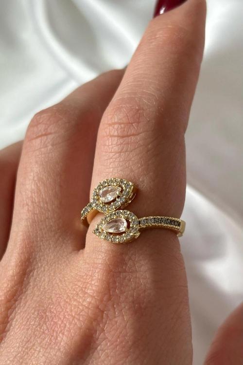 Premium Seri Bead Model Zirkon Taşlı Damla Tasarım Üstten Ayarlanabilir Kadın Yüzük