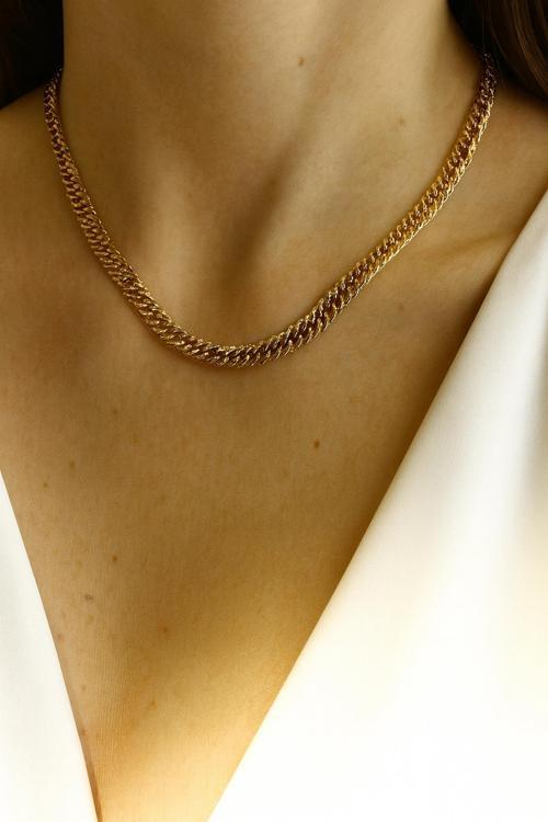 Exclusive Seri Rose Renk Klasik Geniş Zincir Model Kadın Çelik Kolye