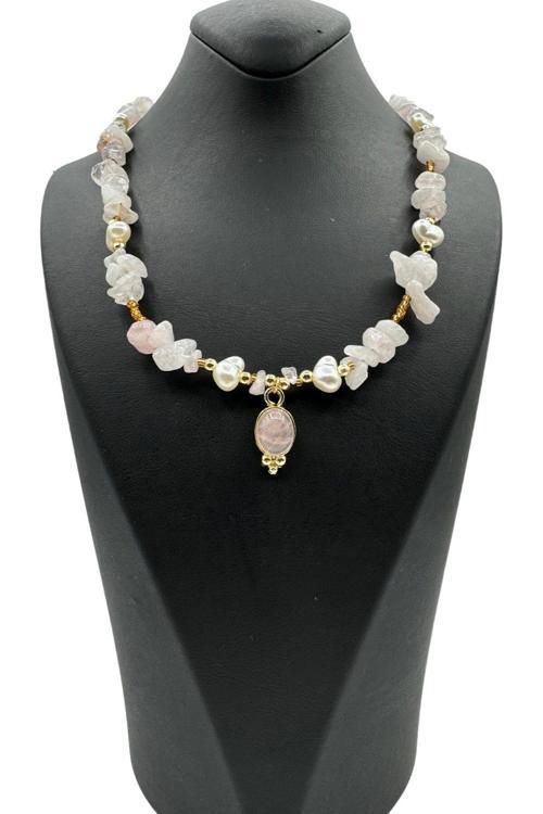 Yeni Sezon Incili Altın Renk Boncuklu 2 Cm Oval Uçlu 45 Cm Tasarım Bijuteri Doğal Taş Kolye