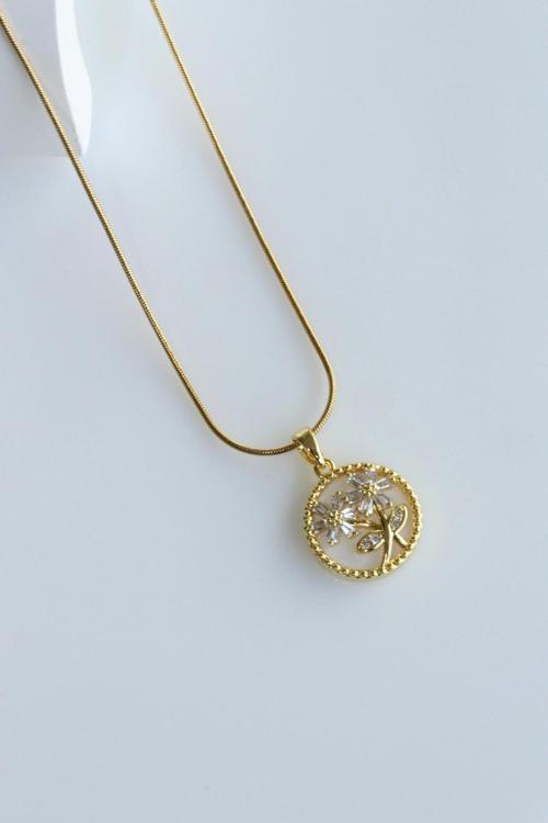 Premium Seri Plaka Model Zirkon Taşlı İkili Çiçek Tasarım 316 L Paslanmaz Kararmaz Kadın Çelik Kolye