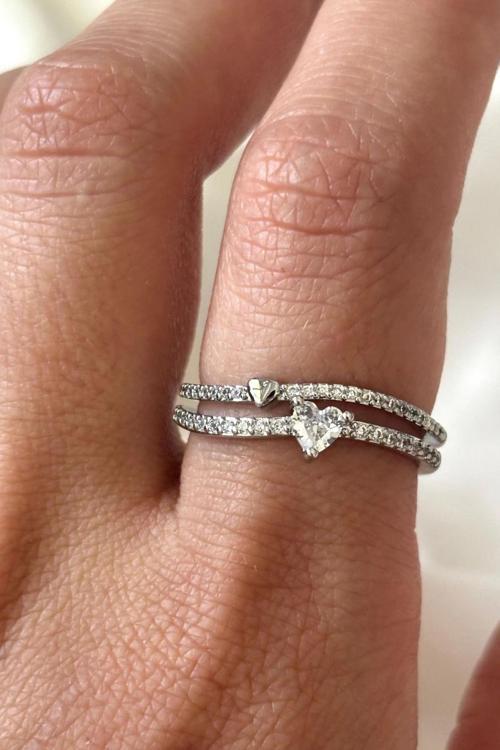 İthal Seri İkili Full Zirkon Taşlı Kalp Tasarım Yarım Tur Ayarlanabilir Kadın Çelik Yüzük