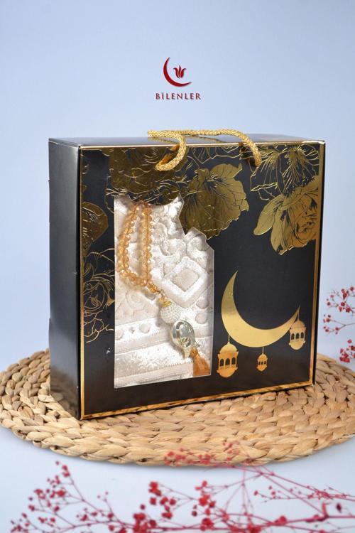 Özel Kutulu Hediyelik Lüks Kadife Dokuma Seccade ve Kristal Tesbih Seti