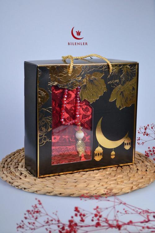 Özel Kutulu Hediyelik Lüks Kadife Dokuma Seccade ve Kristal Tesbih Seti