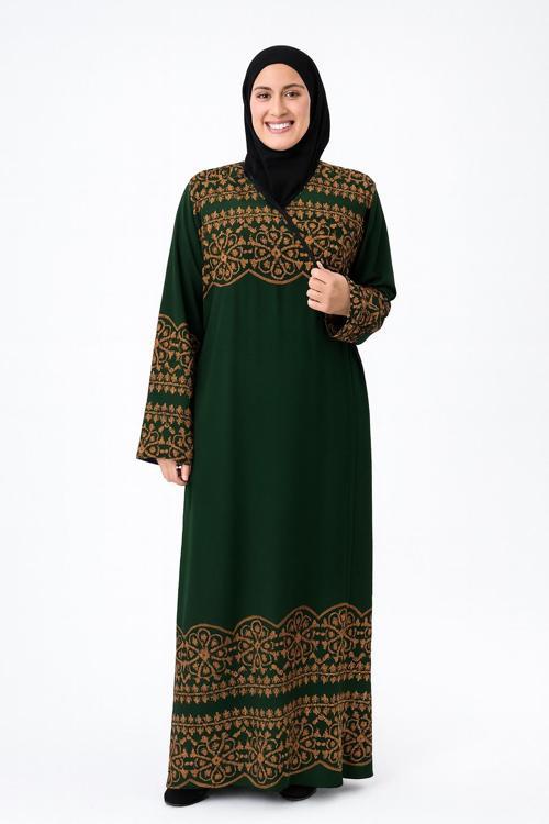 Geometrik Desenli Kruvaze Namaz Elbisesi – %100 Viskon, Yandan Bağlamalı 36-46 Beden