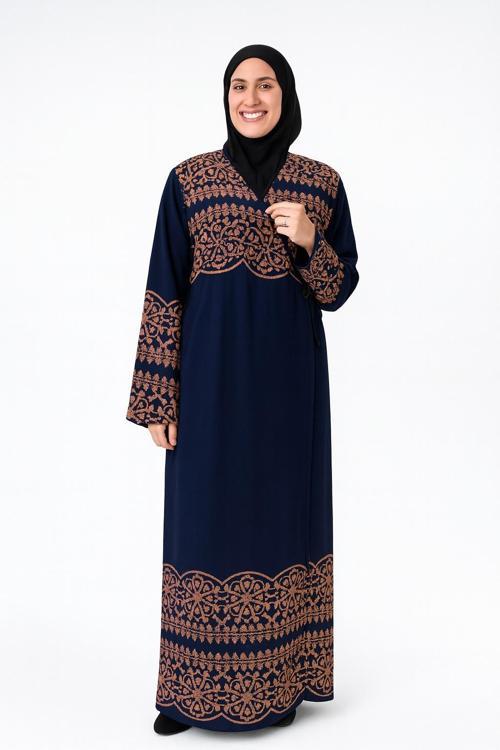 Geometrik Desenli Kruvaze Namaz Elbisesi – %100 Viskon, Yandan Bağlamalı 36-46 Beden