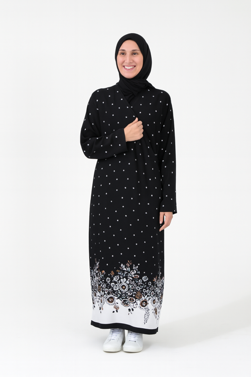 Noktalı Çiçek Desen Kruvaze Namaz Elbisesi – %100 Viskon, Yandan Bağlamalı, Rahat Kalıp 36-46 Beden