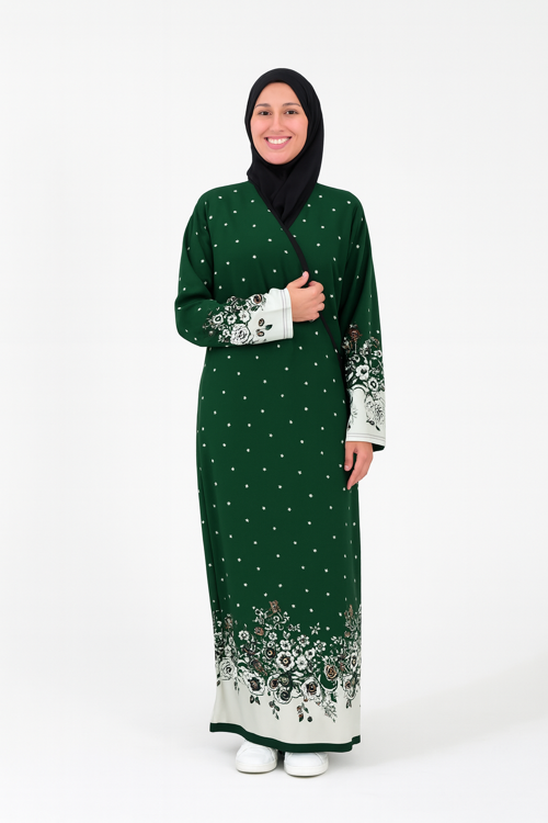 Noktalı Çiçek Desen Kruvaze Namaz Elbisesi – %100 Viskon, Yandan Bağlamalı, Rahat Kalıp 36-46 Beden