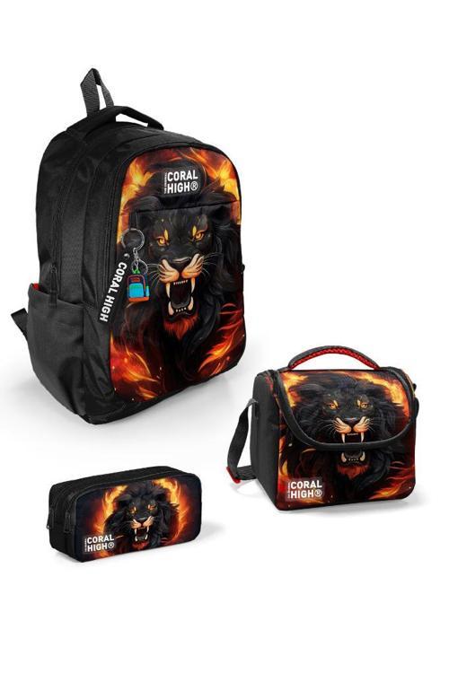 GOSHOPYA Siyah Aslan Desenli 3’lü Okul Çanta Seti GOSET0123671