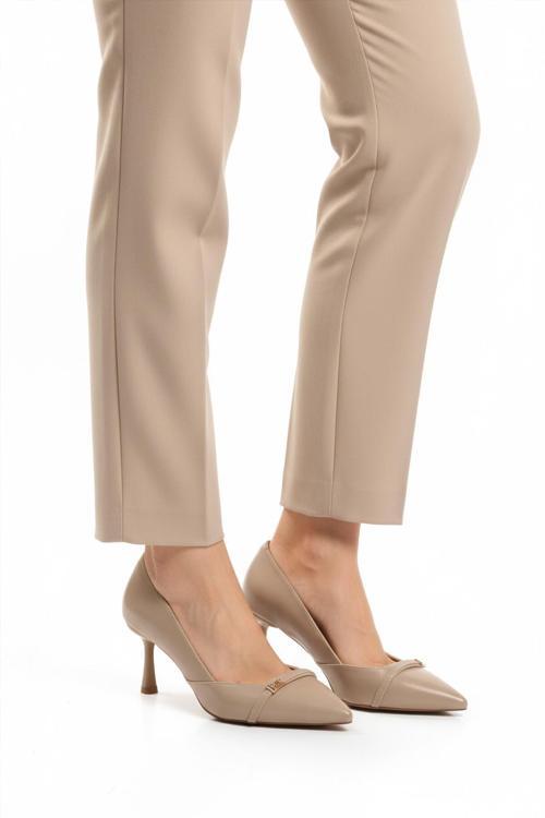 Bej Kırışık Kadın İnce Kısa Topuklu Ayakkabı 575040 Z