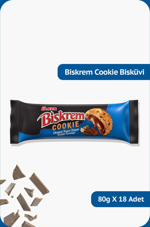 BİSKREM Cookie-Bitter Çikolatalı Krema Dolgulu Fındıklı, Kakao Parçacıklı Kurabiye-80 gram-18 Adet