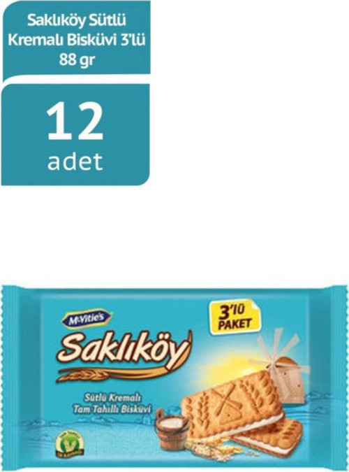 SAKLIKÖY Sütlü Kremalı Bisküvi - 3'lü Paket - 264 gram - 12 Adet