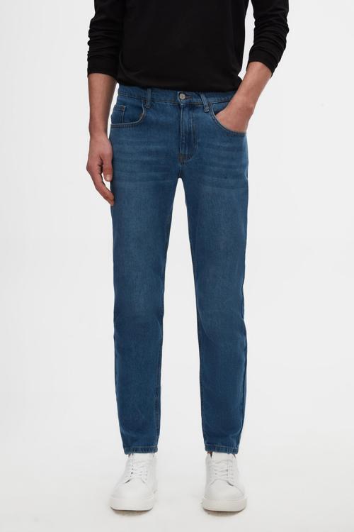 Comfort Fit Mavi Düz Jean Kot Beş Cepli Yıkamalı Denim Pantolon