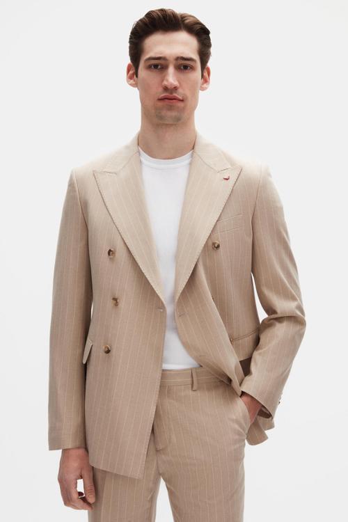 Ds Damat Regular Fit Bej Çizgili Kruvaze Takim Elbise