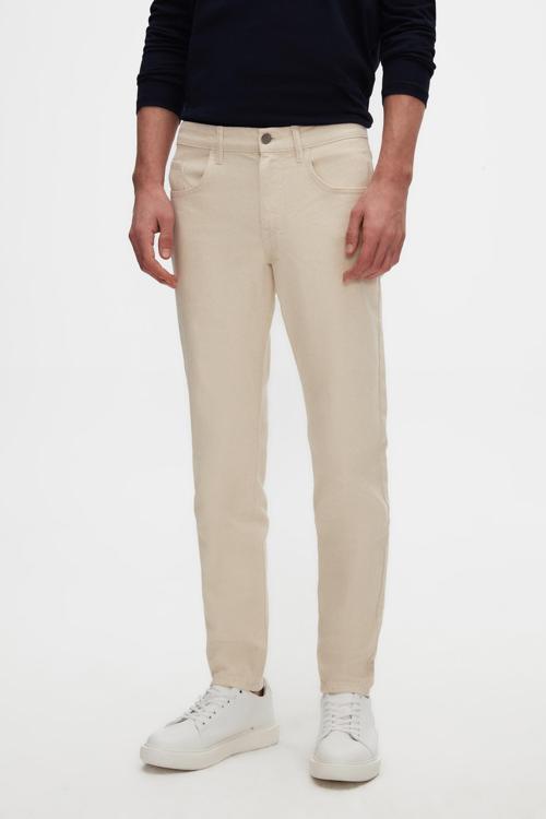 Comfort Fit Ekru Düz Jean Kot Beş Cepli Yıkamalı Denim Pantolon