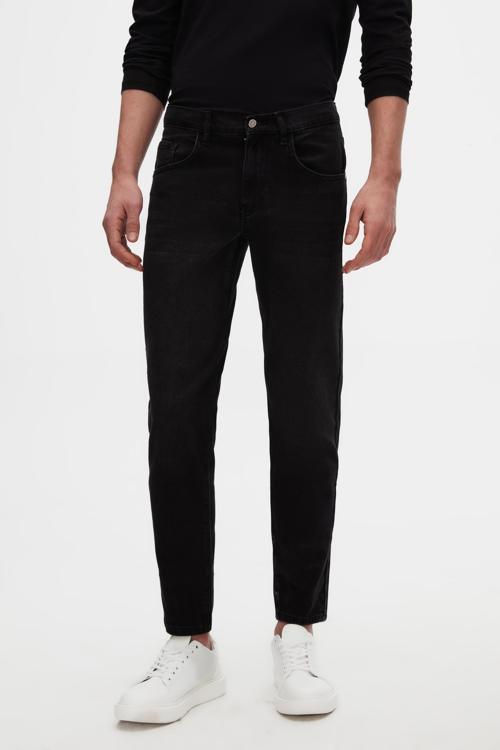 Comfort Fit Siyah Düz Jean Kot Beş Cepli Yıkamalı Denim Pantolon