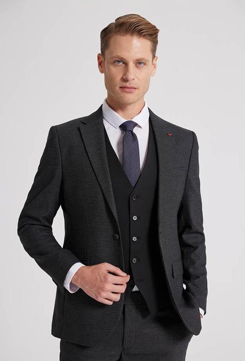 Slim Fit Antrasit Armürlü Mono Yaka Tek Yırtmaçlı Astarlı Takim Elbise Kombinli