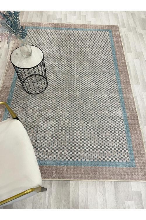 Kahve-Mavi Jüt Sisal Görünüm Bordürlü Kaymaz Taban Yolluk Mutfak Halı