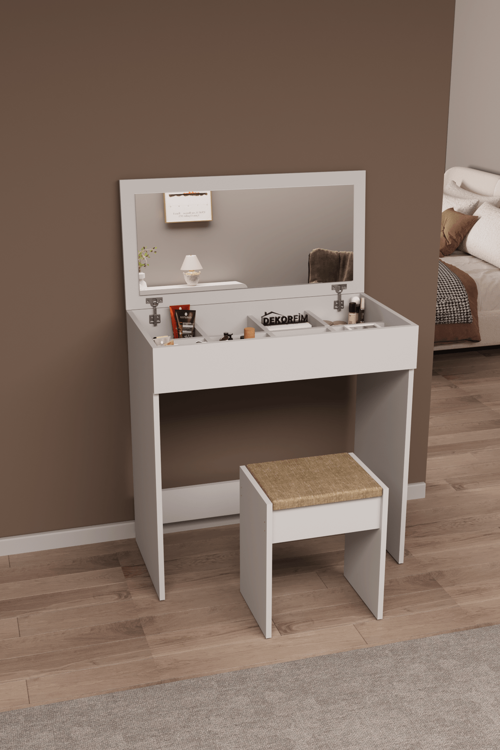 DF02113 Kapaklı Aynalı Bölmeli Puflu Makyaj Masası